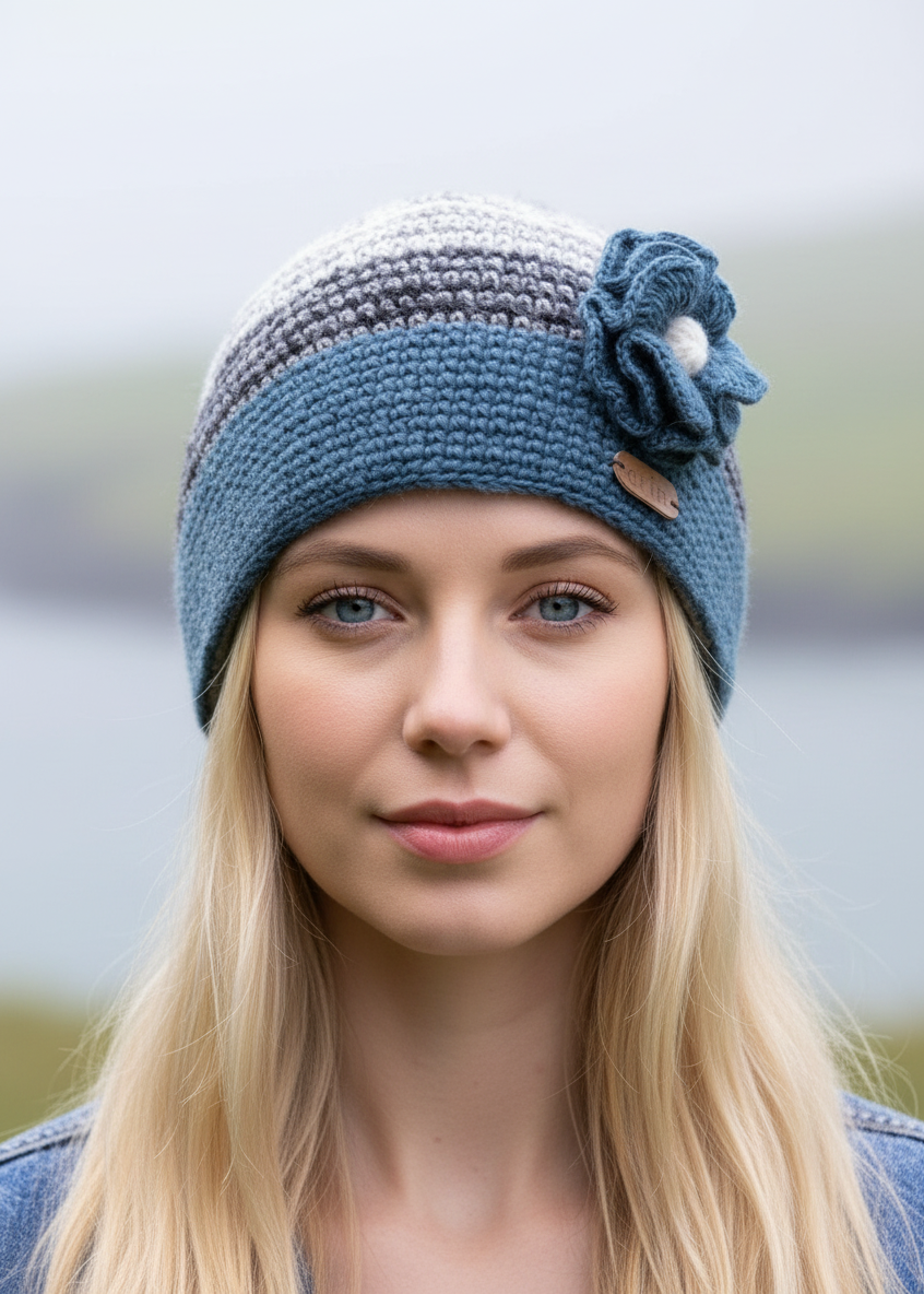 Erin Women's Handcrafted Crochet Flower Cap | Denim Grey Wool