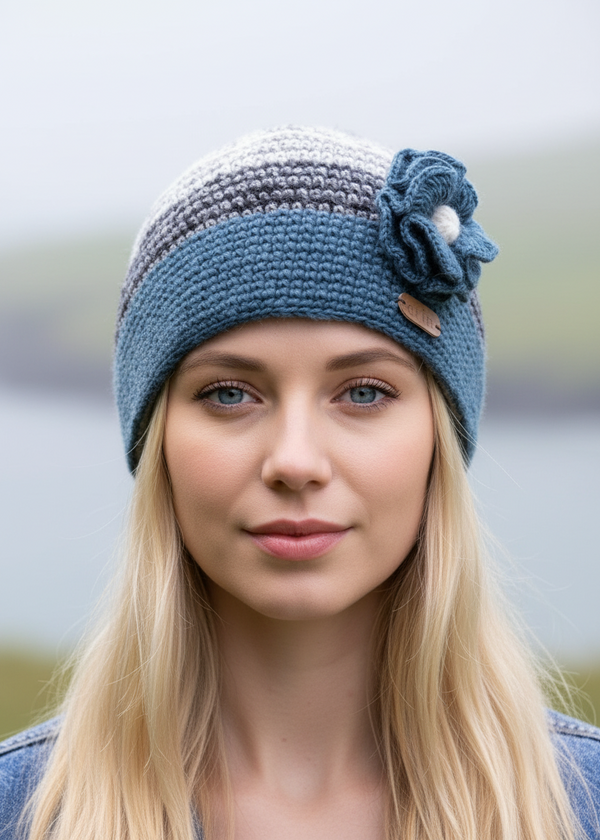 Erin Women's Handcrafted Crochet Flower Cap | Denim Grey Wool