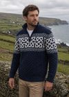 Aran Celtic Design Half Zip Sweater | 100% Merino Wool | Deep Water Blue