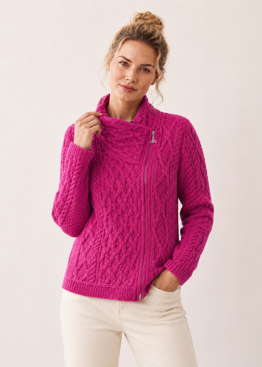 Aran Crafts Women's Fuchsia Shannon Cable Knit Side Zip Merino Wool Jacket | Made in Ireland