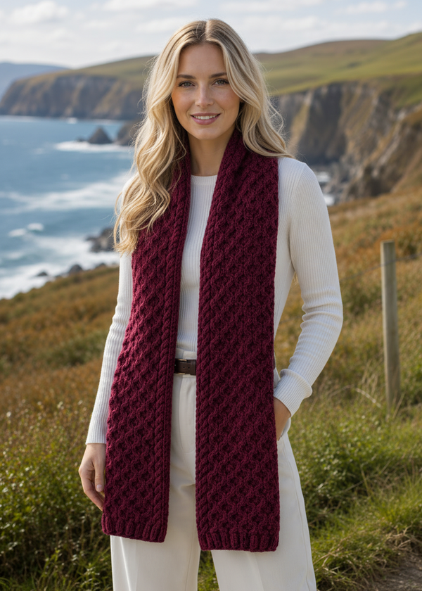 Aran Merino wool Honeycomb Scarf | Raspberry Marl