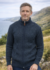 Full Zip Mens Merino Wool Aran Cardigan | Navy Green