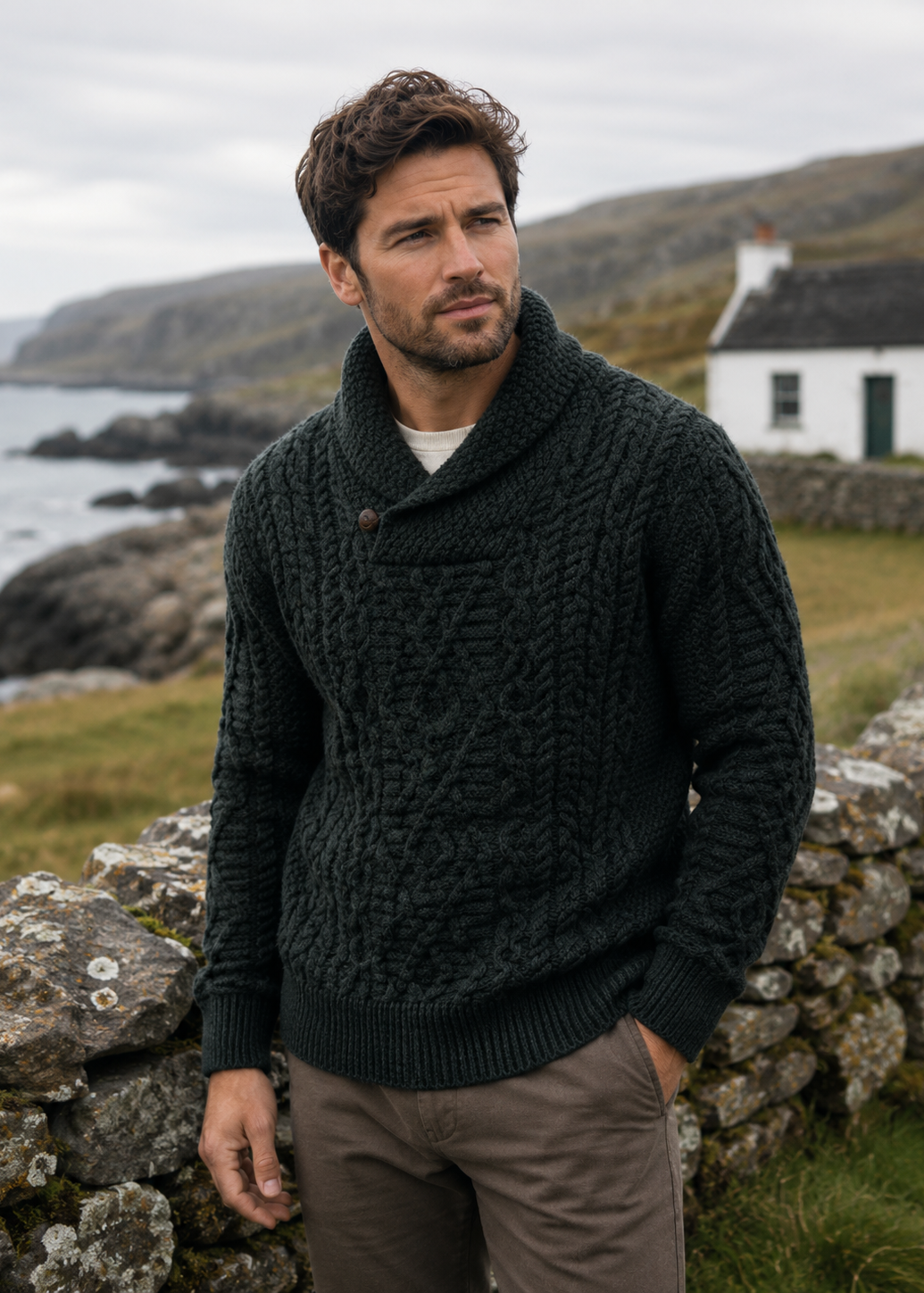 Men's Aran Shawl Neck Sweater | Army Green | 100% Merino Wool