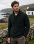 Aran-Pullover für Herren mit Schalkragen | Olivgrün | 100 % Merinowolle