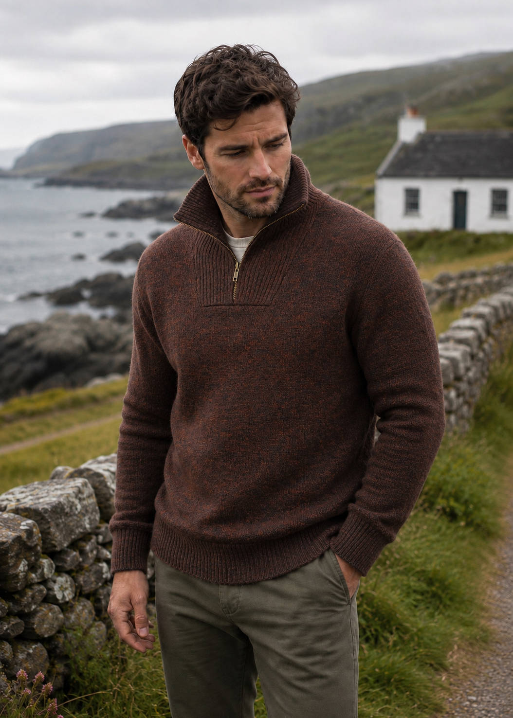 Men's Lambswool Quarter Zip Sweater - Pebble Marl | IrelandsEye Knitwear