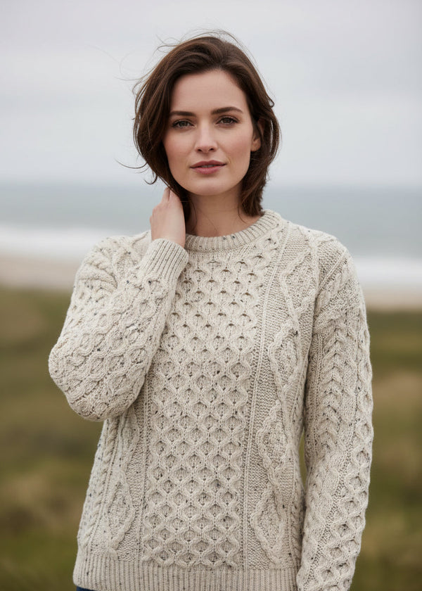 Unisex Aran Wool Sweater - Traditional Irish Knit | Flecked Cream
