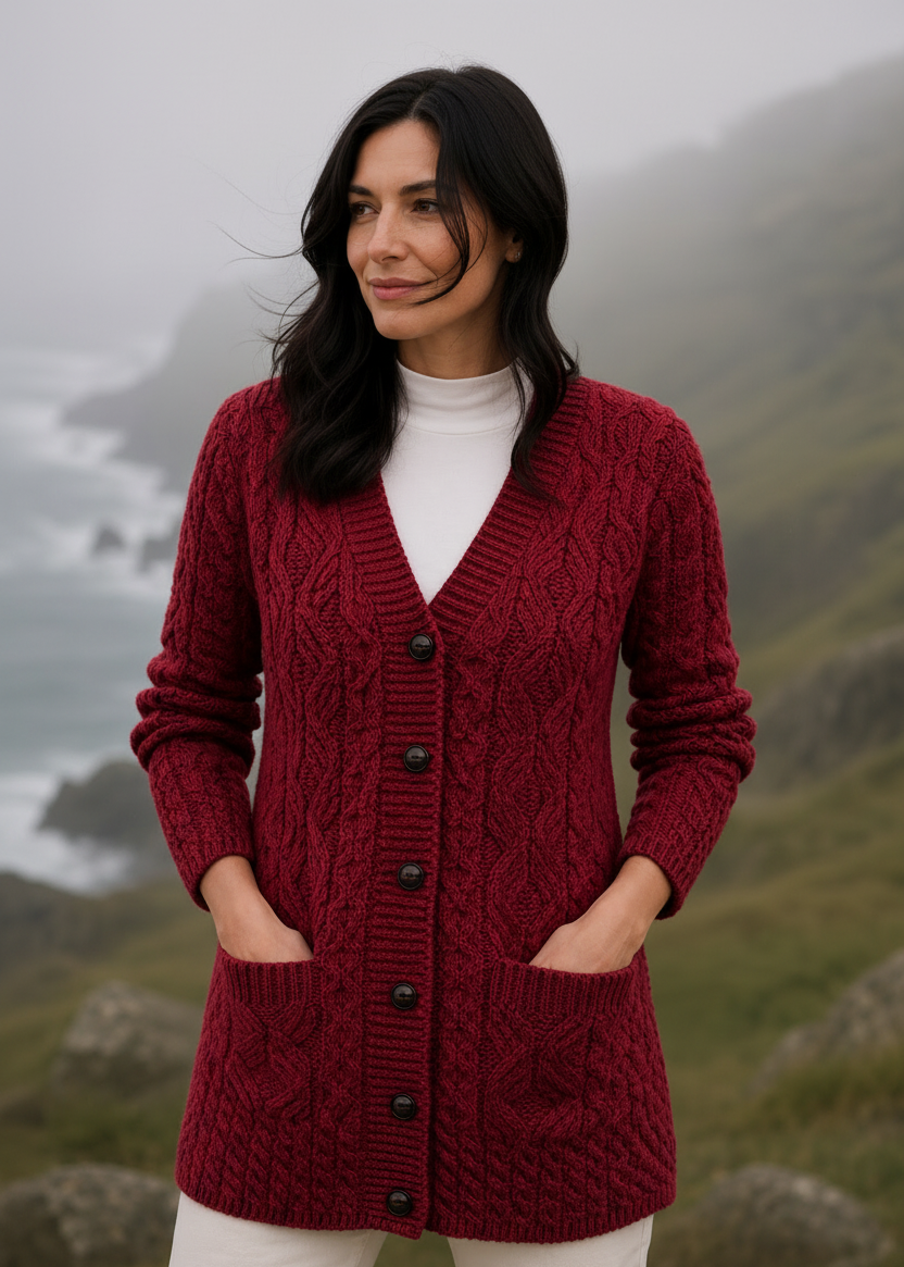 Aran Long Line Merino Cardigan | Red 