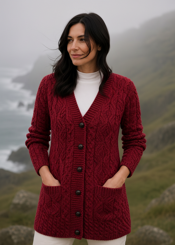 Aran Long Line Merino Cardigan | Red 