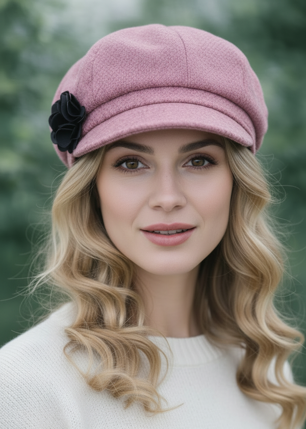 Ladies Pink Tweed Newsboy Cap - Premium Wool Blend