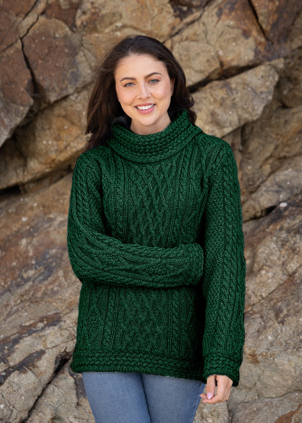 Aran Cowl Neck Women's Sweater | Green