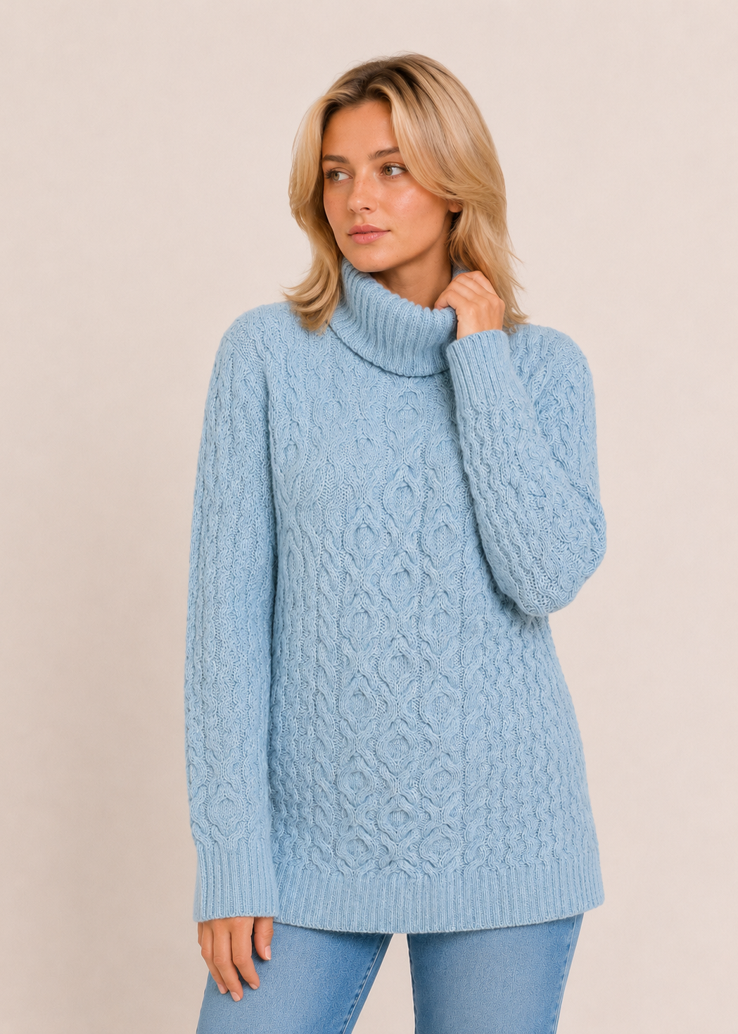 Merino Wool Polo Neck Aran Sweater | Aqua