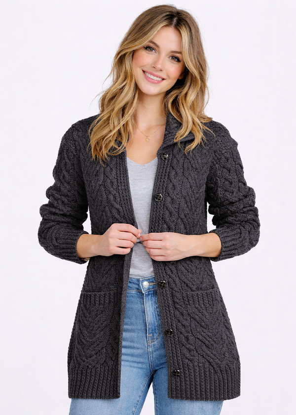 Supersoft Merino Wool Ladies Aran Cardigan | Charcoal - Clearance
