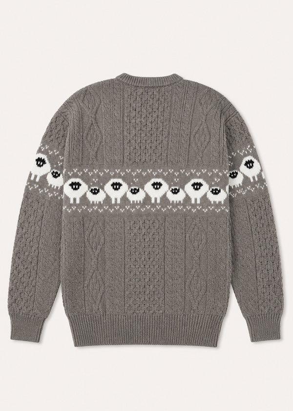 Oversized Aran Crew Neck Merino Wool Sheep Sweater | Brown