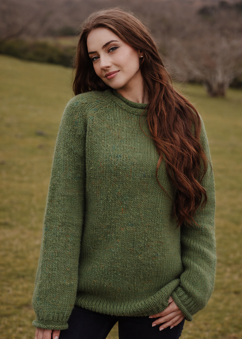 Women's Roll Neck Merino Wool Fisherman Sweater | Green