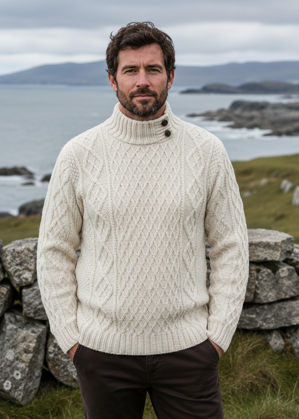 Men's Aran Merino Wool Button Collar Sweater | White