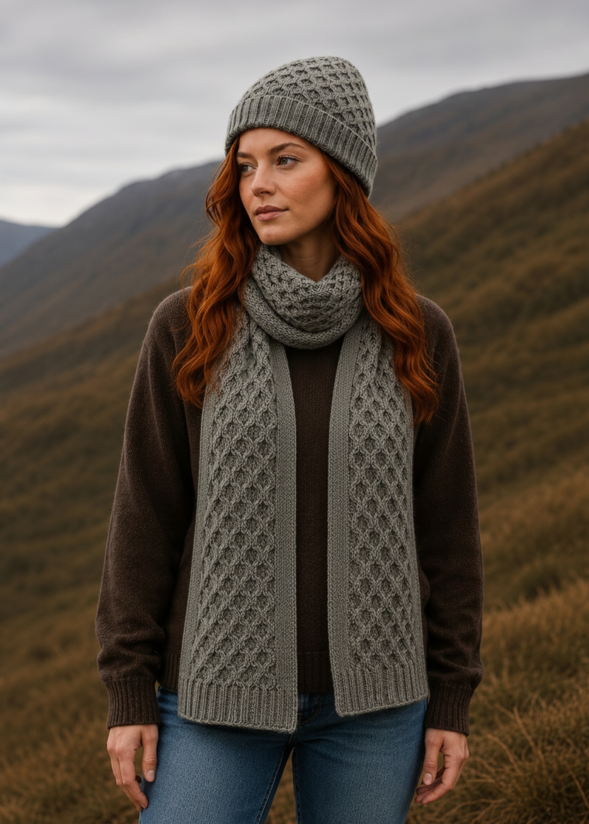 Woman wearing a knit hat and scarf standing in a mountainous landscape