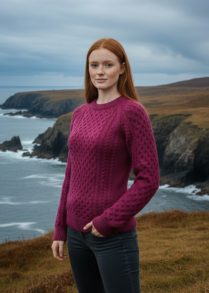 Ladies Slim-Fit Aran Sweater | Raspberry