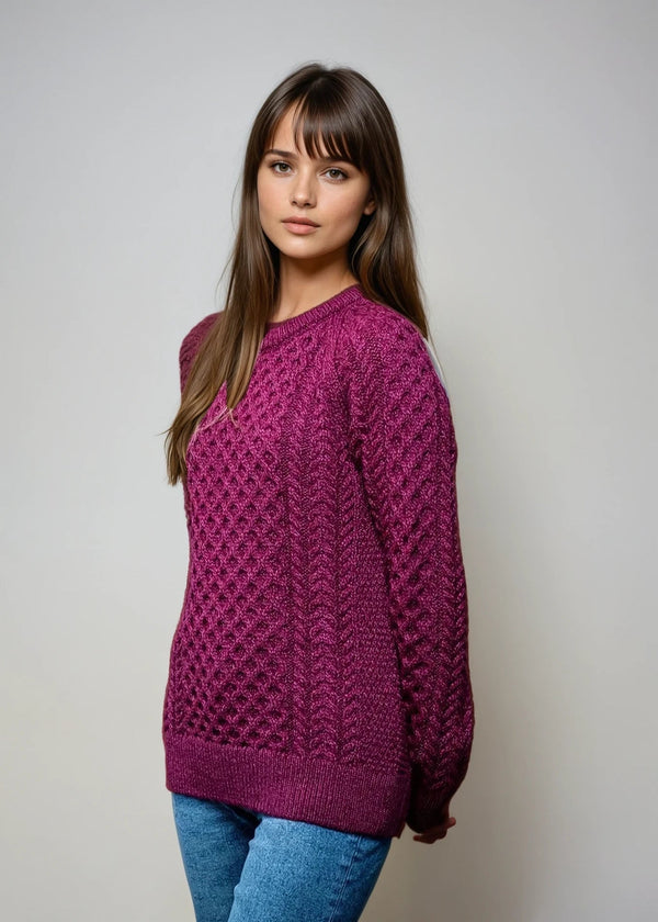 Ladies Slim-Fit Aran Sweater | Raspberry