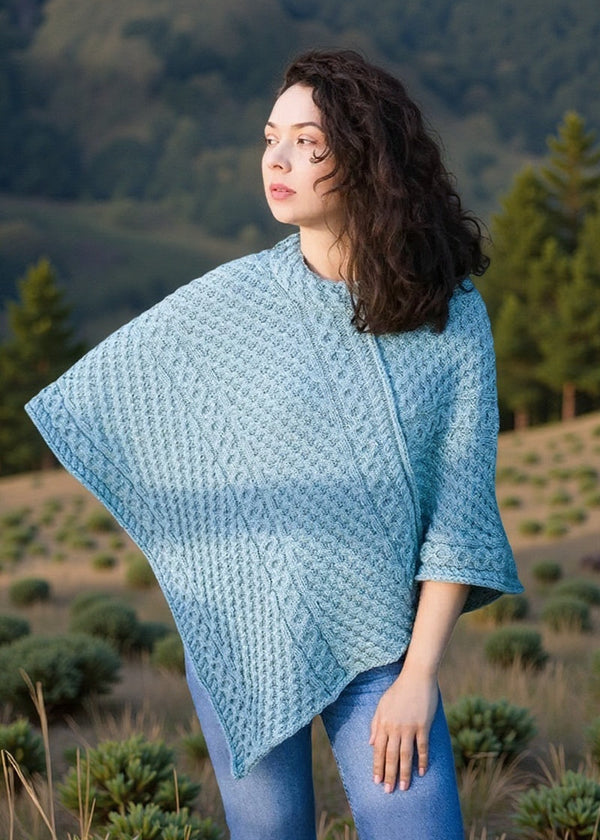 Aran Merino Wool Cowl Poncho | Aqua