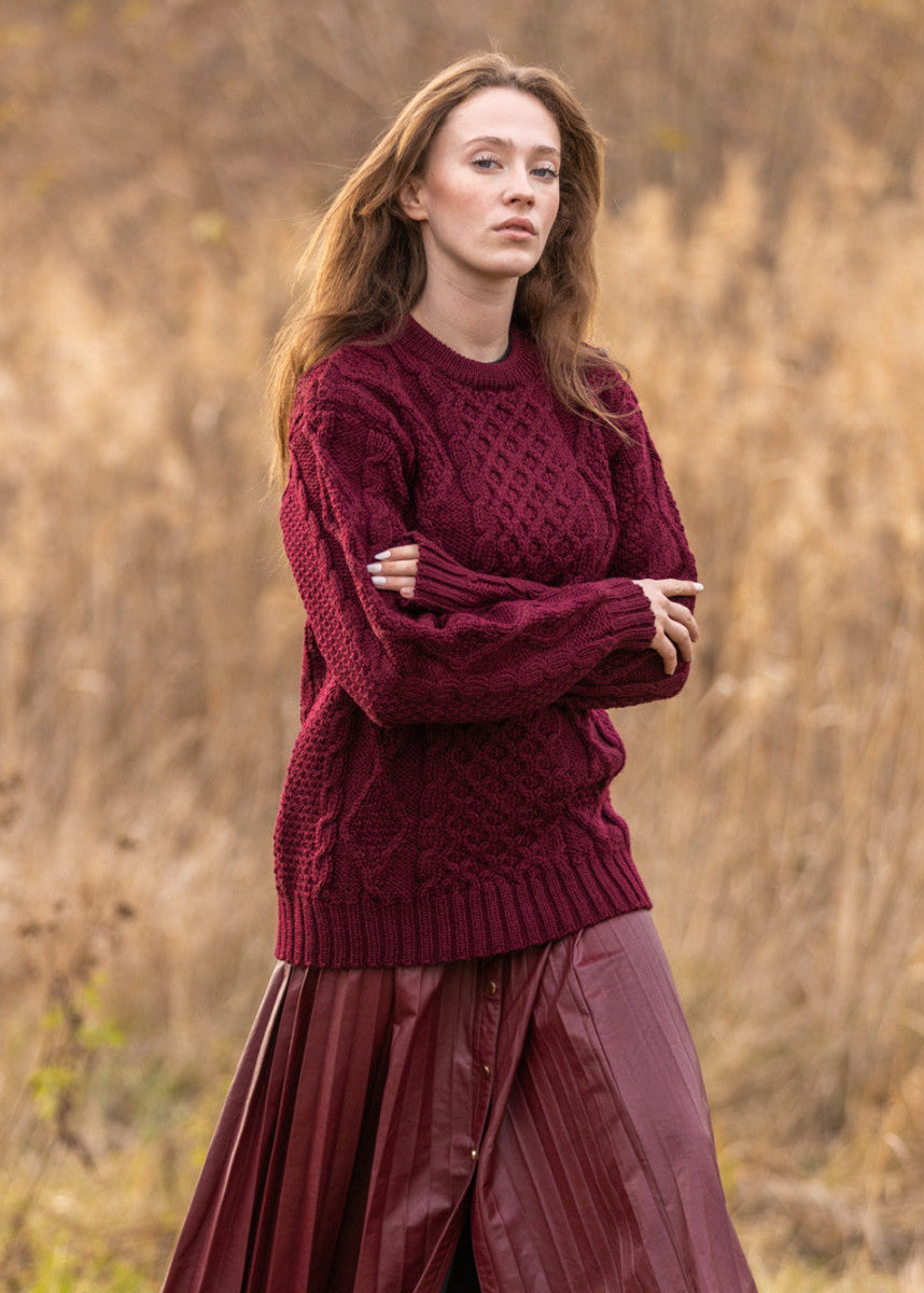 Women's Heavy Weight Aran Fisherman Sweater | Burgundy