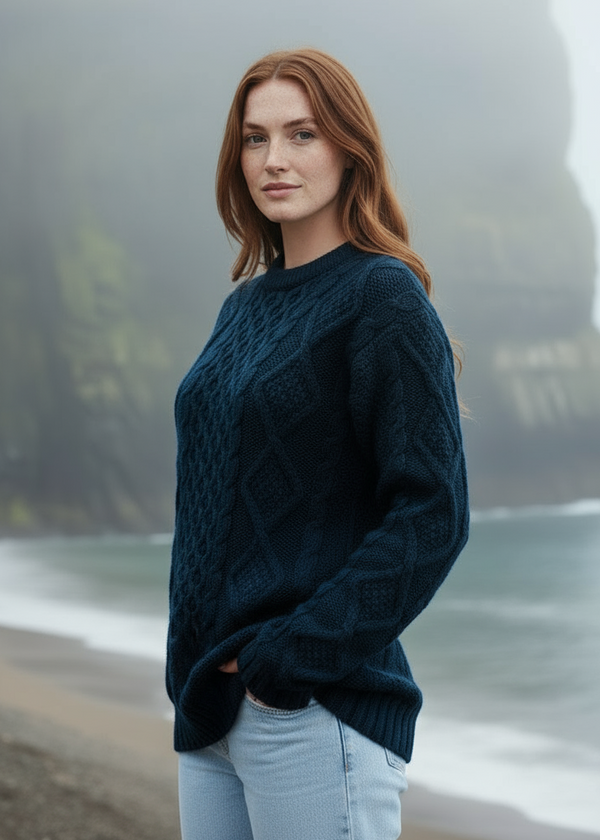 Heavy Weight Aran Fisherman Sweater | Navy/Green Mix