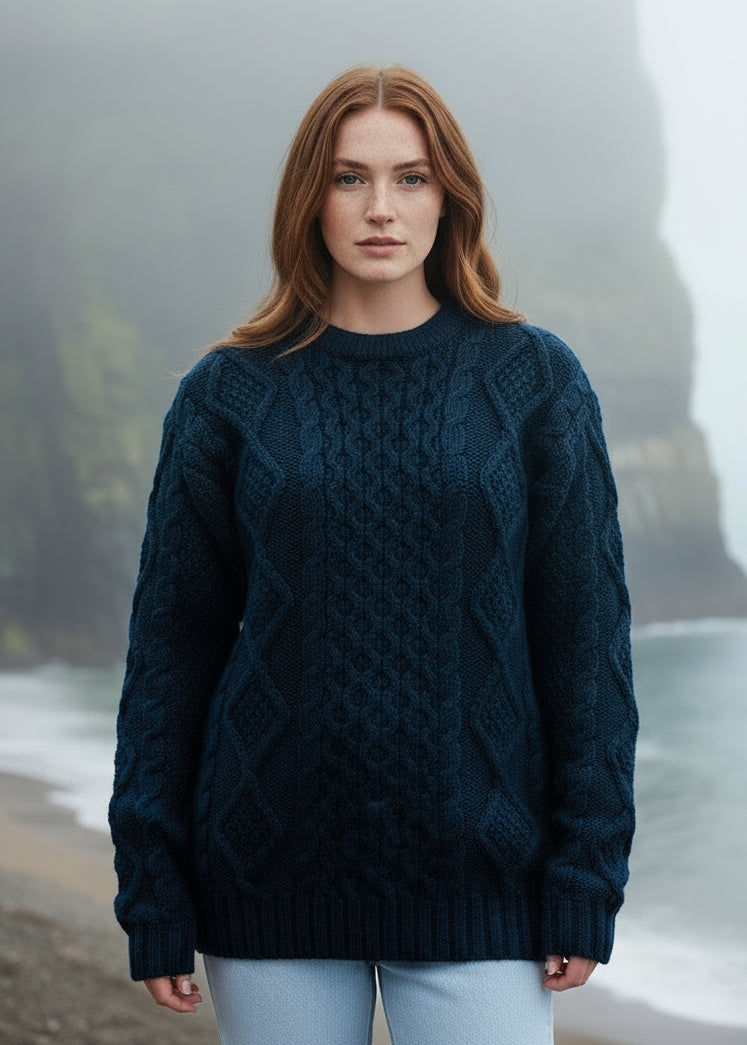 Heavy Weight Aran Fisherman Sweater | Navy/Green Mix