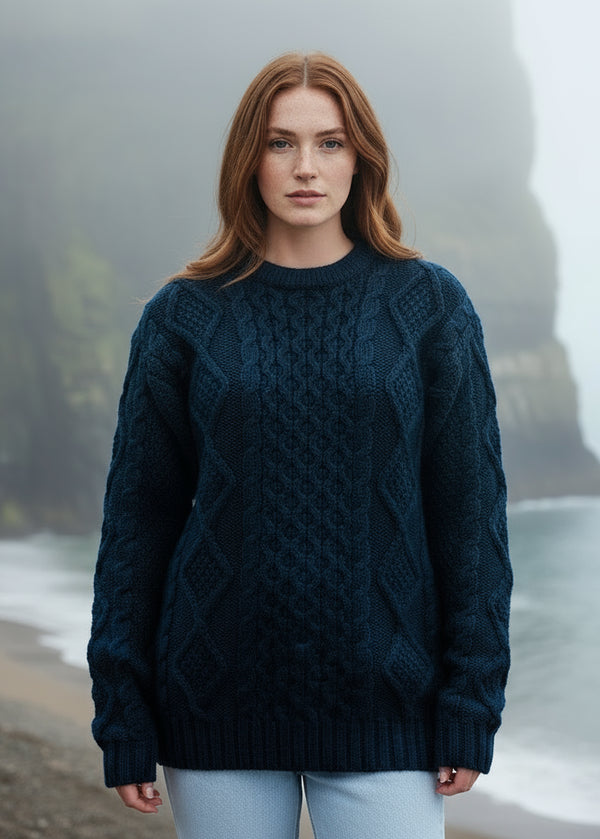 Heavy Weight Aran Fisherman Sweater | Navy/Green Mix