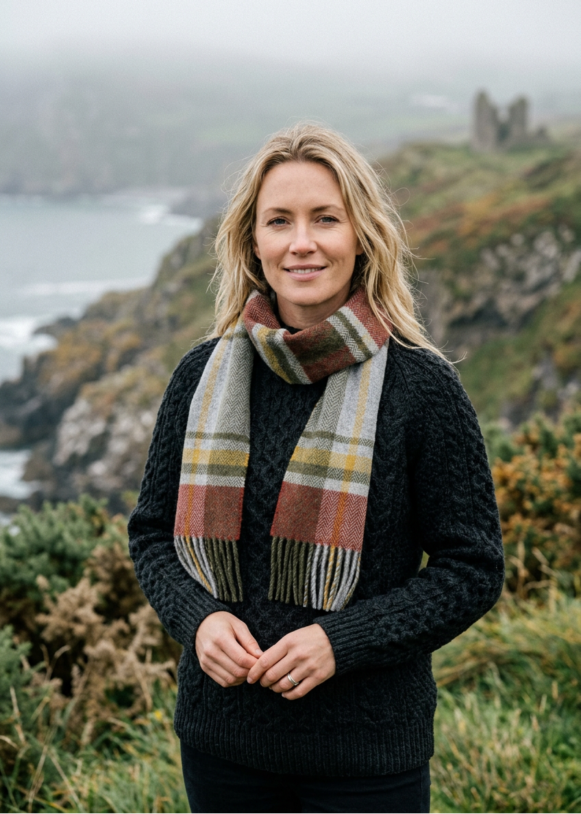 Foxford Lambswool Scarf | Rust & Green Tartan | Made in Ireland