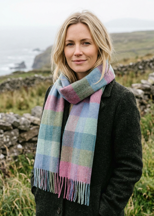 Foxford Lambswool Scarf - Green & Turquoise Check