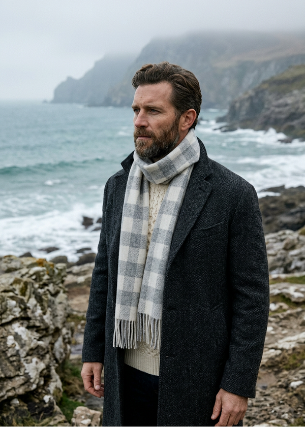 Foxford Lambswool Scarf | Grey & White Check | Handwoven in Ireland