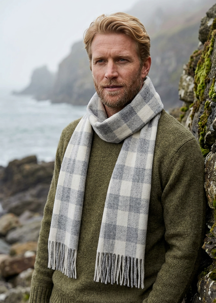 Foxford Lambswool Scarf | Grey & White Check | Handwoven in Ireland