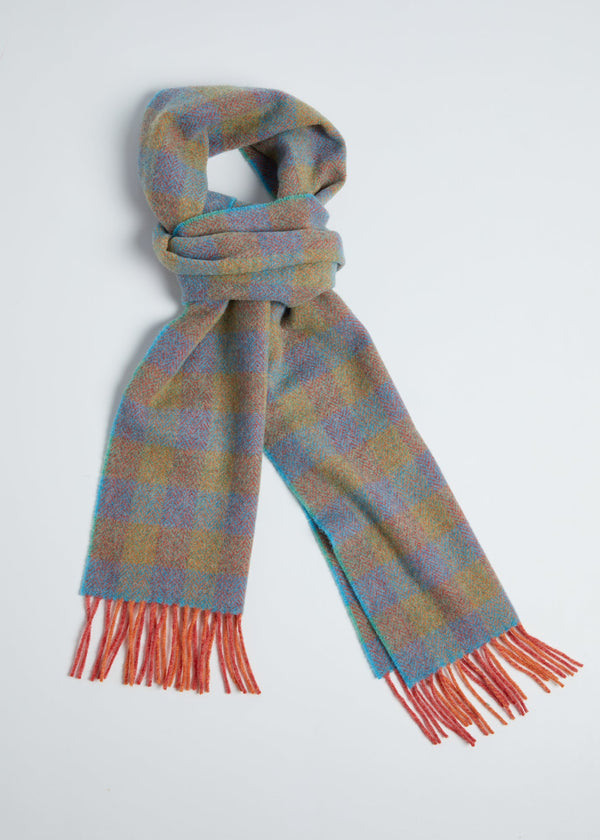 Foxford Orange and Blue Check Lambswool Scarf