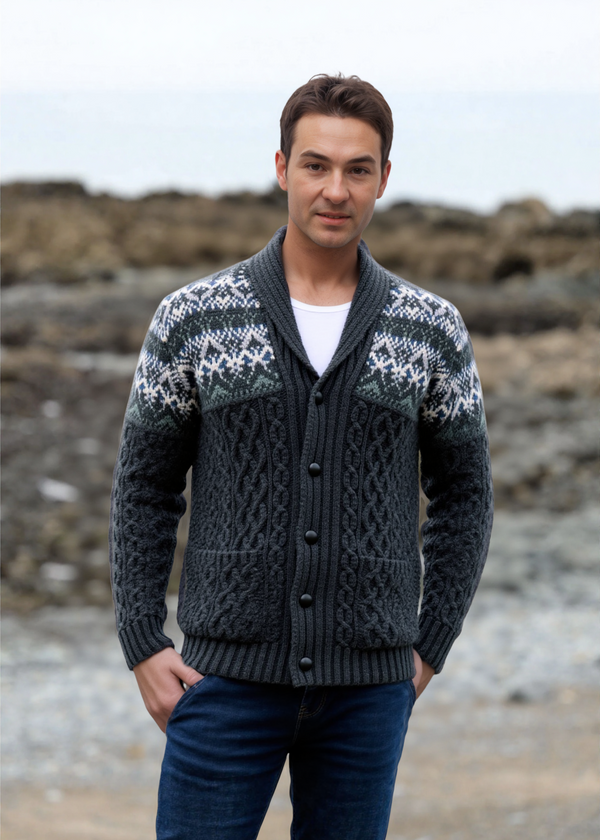 Aran Fairisle Button Cardigan | Charcoal