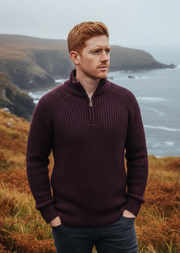 Fisherman Rib 1/2 Zip Merino Sweater | Claret 