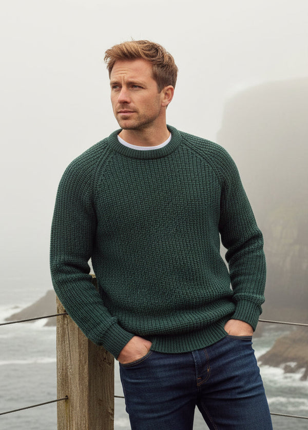 Fishermans Rib Crew Neck Sweater | Green