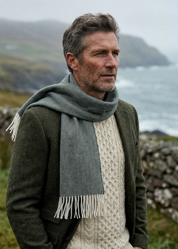 Foxford Lambswool Scarf - Mallard Green Herringbone