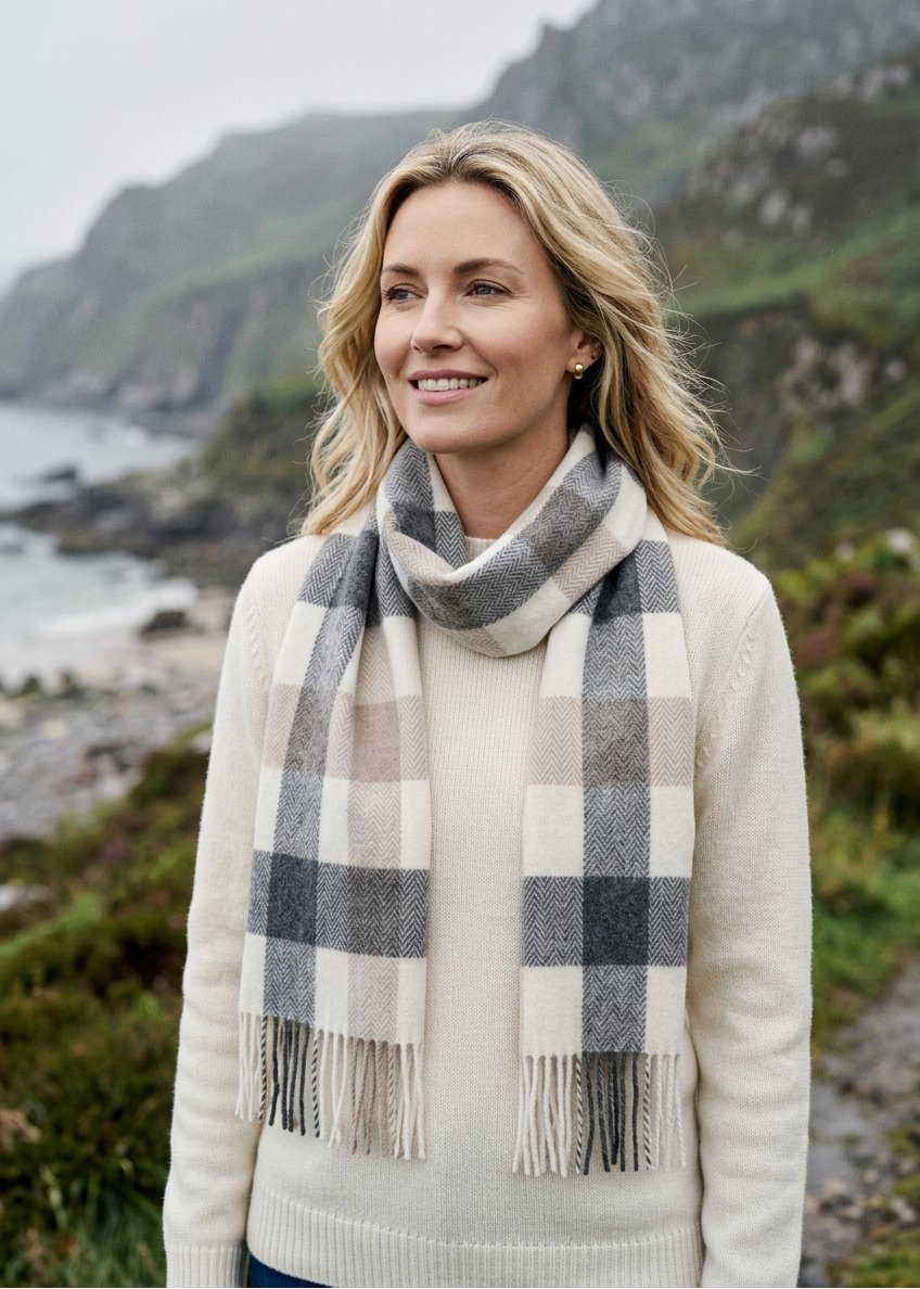 Foxford Lambswool Scarf - Neutral Block Check
