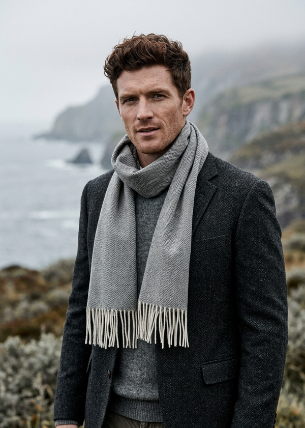 Foxford Lambswool Scarf | Grey Herringbone