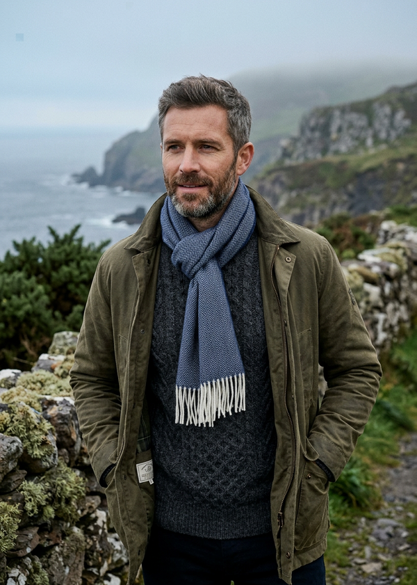 Foxford Lambswool Scarf | Navy Herringbone