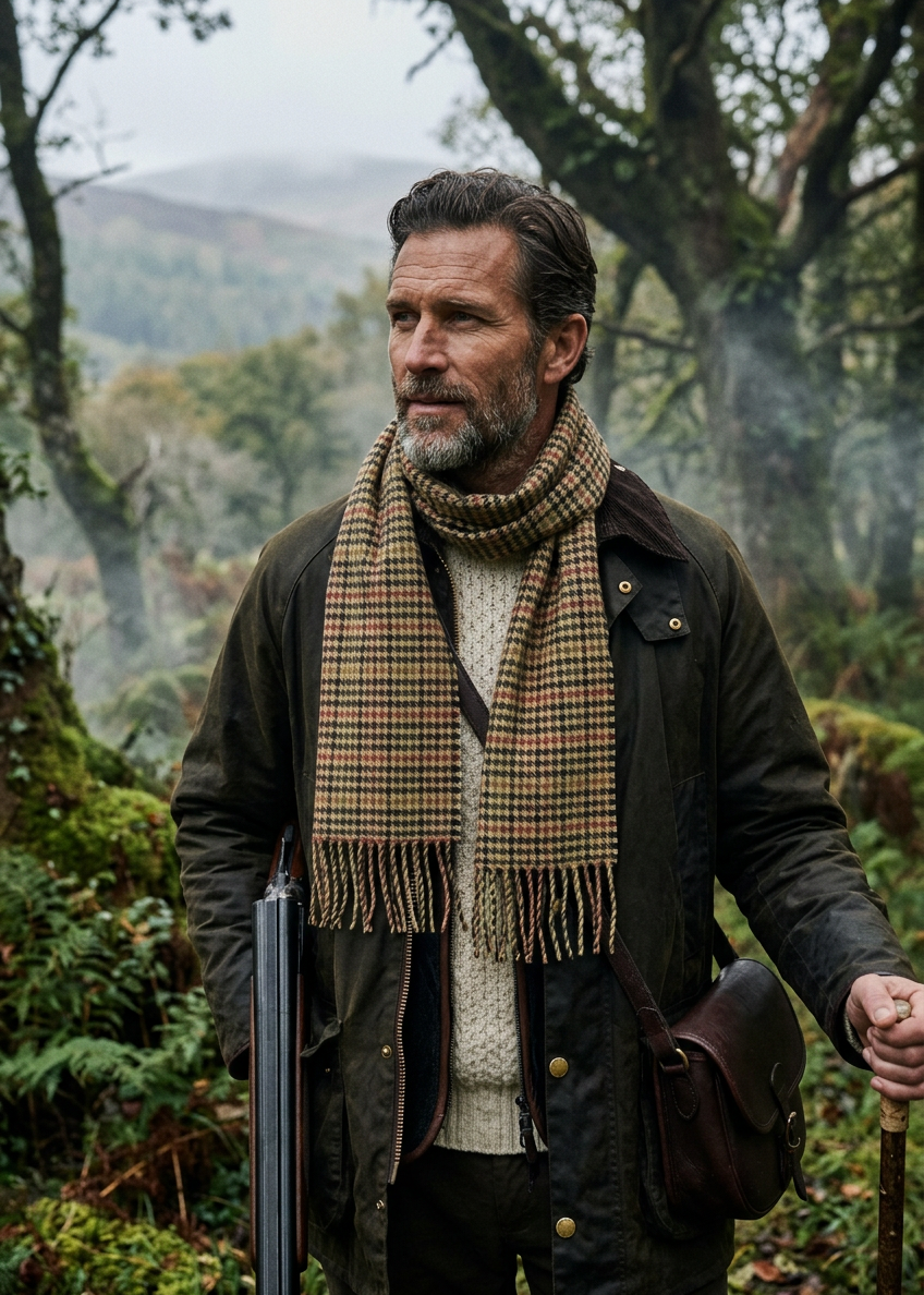 Foxford Modern Houndstooth Scarf | Burgundy & Brown Lambswool