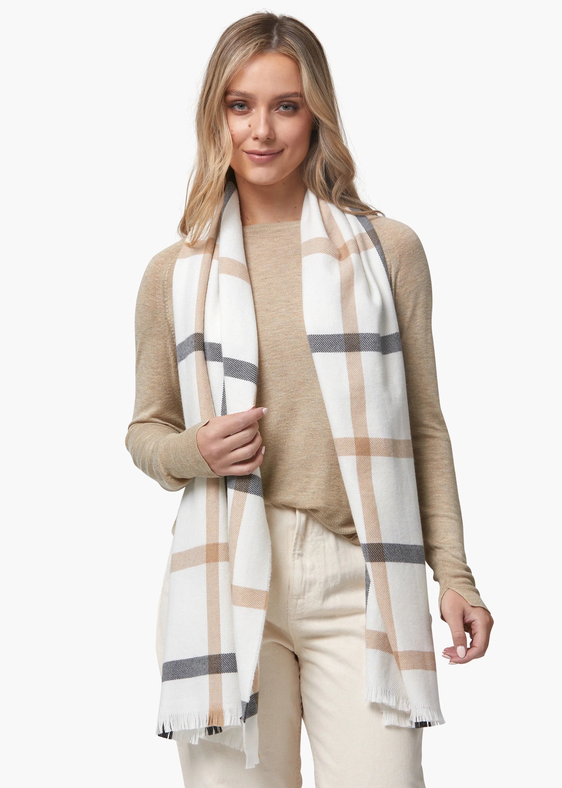 Foxford Giant Merino Scarf | White Neutral Stripe