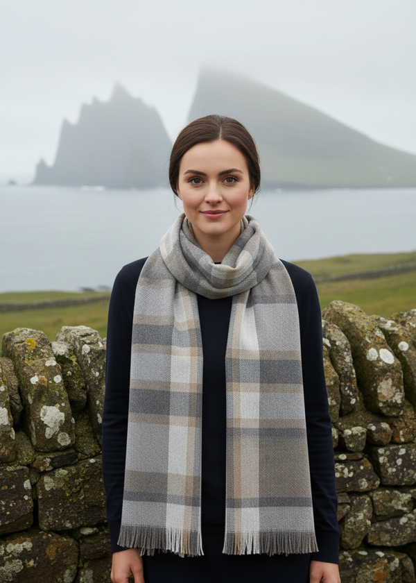Foxford Fine Wool Cashmere Blend Scarf | Grey Beige Check