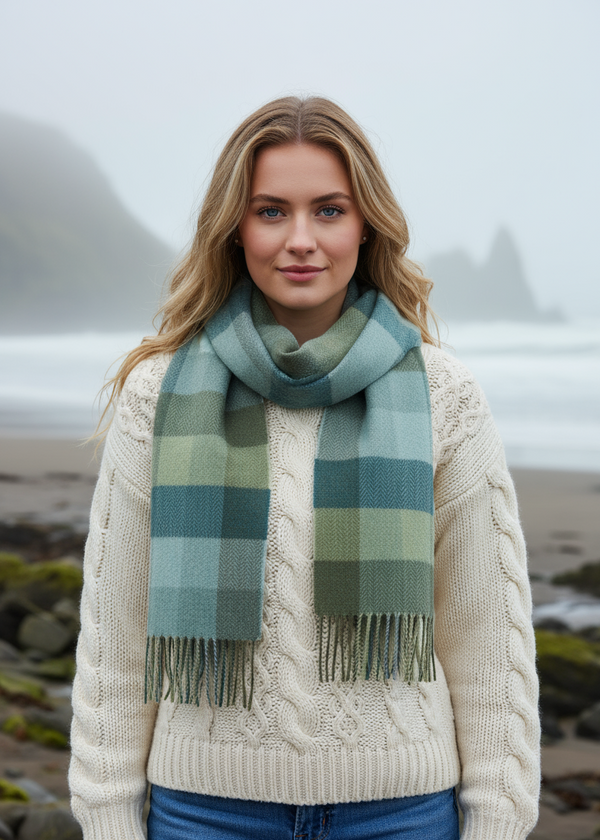 Foxford Lambswool Scarf | Green & Blue Check