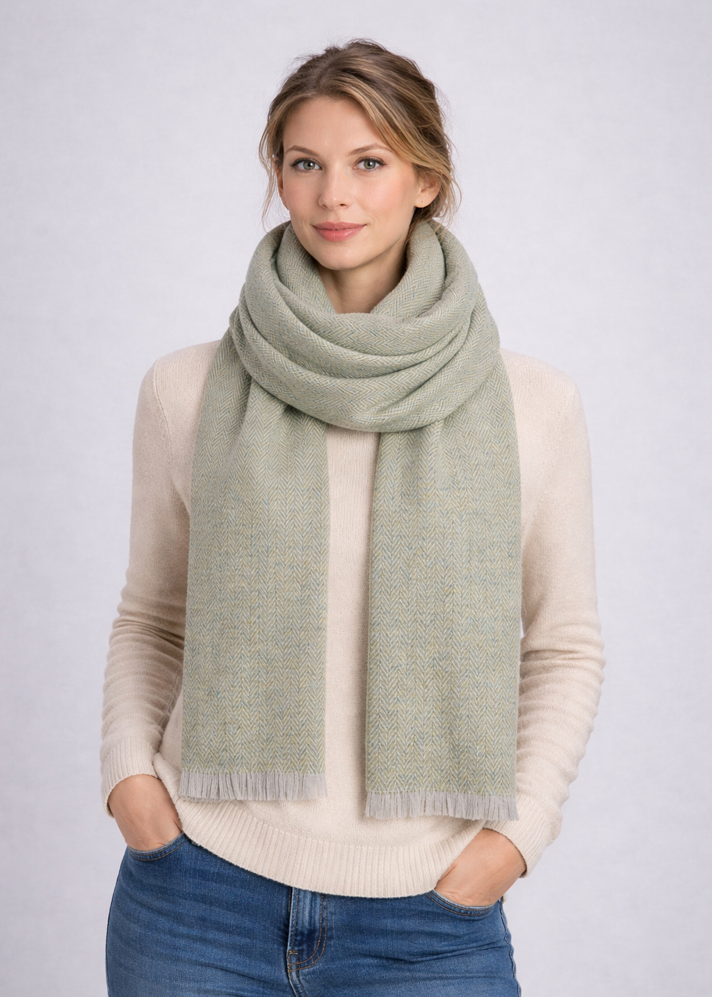 Foxford Lambswool Scarf | Silver Lime Green Herringbone