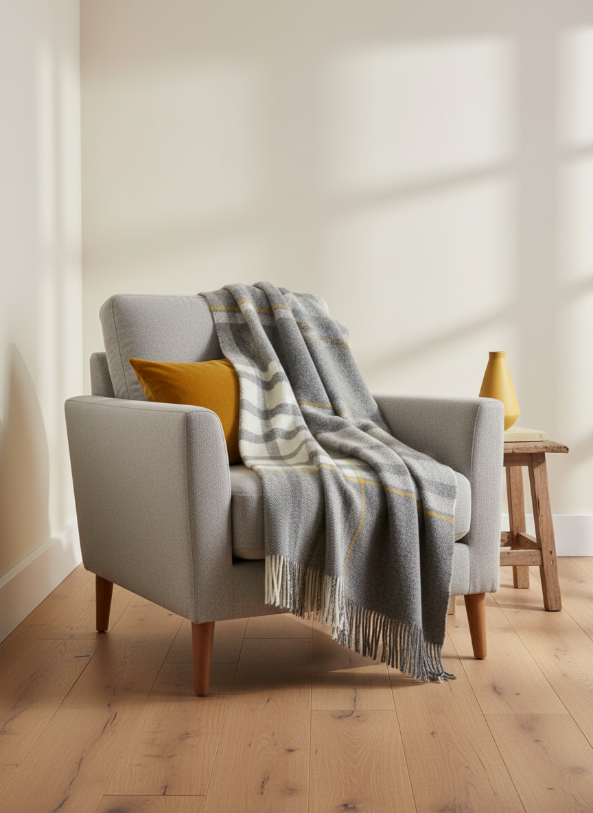 Foxford Lambswool Throw | Grey White Yellow