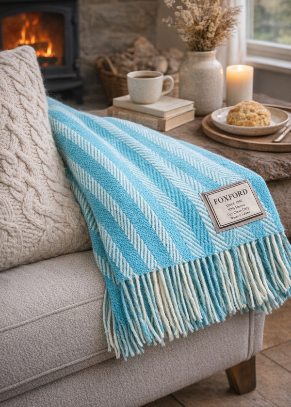 Foxford Merino Wool Throw | Aqua Stripe