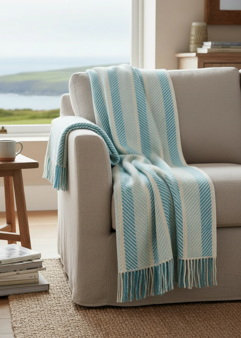 Foxford Merino Wool Throw | Aqua White Stripe