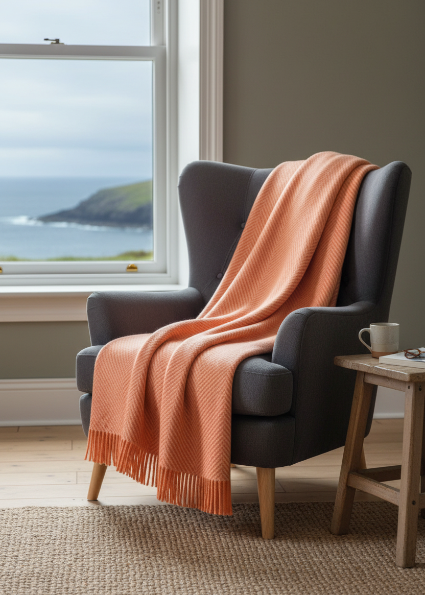 Foxford Merino Wool Throw | Coral/Baby Camel