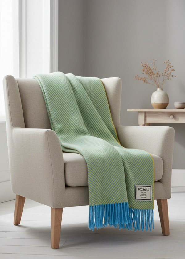 Foxford Merino Wool Throw | Mayo Blue/Citrus | Clearance