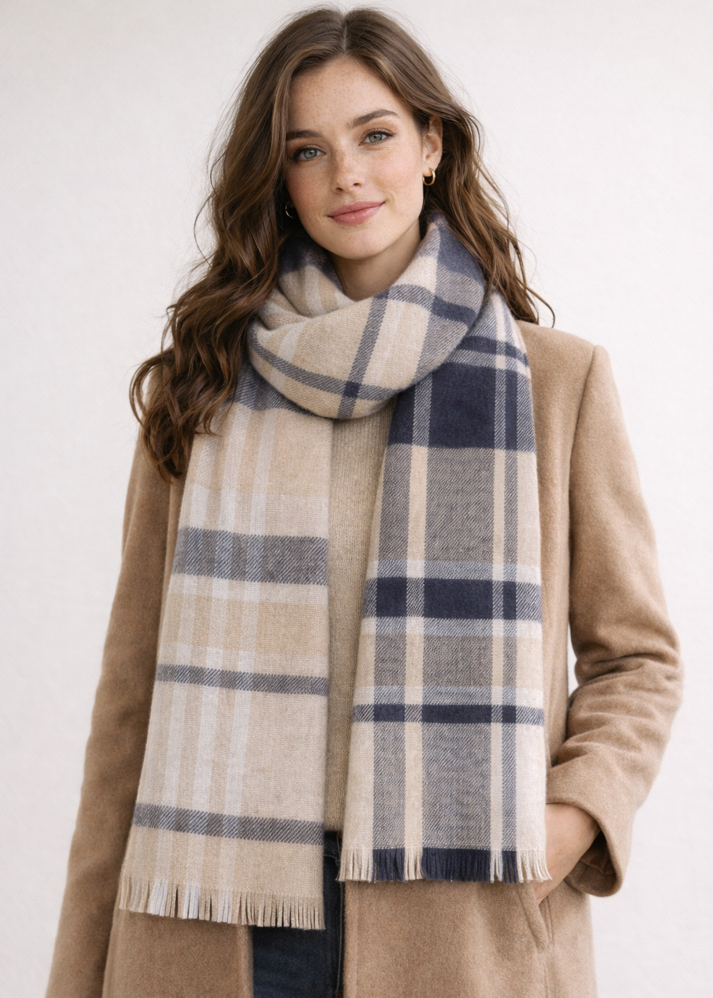 Foxford Navy Camel Extra Fine Merino Scarf